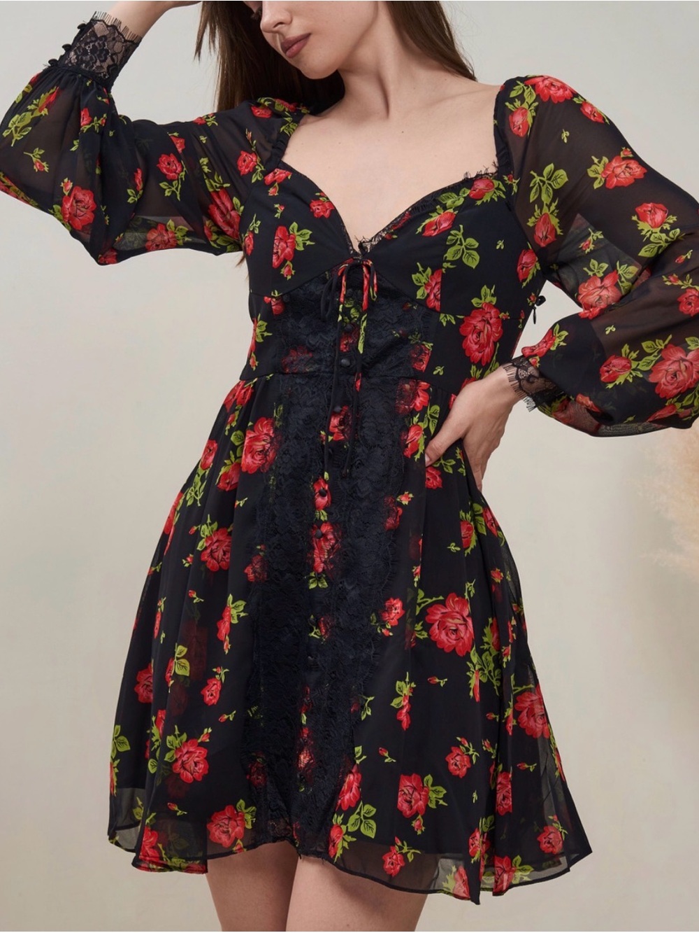ASOS Design Eyelash Lace Skater Black Mini Dress with Red Rose Floral Print 2